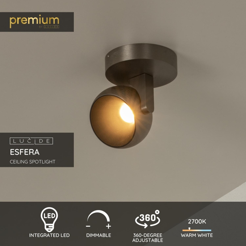 Lucide ESFERA - Stropné bodové svietidlo - Ø 11,2 cm - LED Rozm. - 1x10W 2700K - Šedá liatina